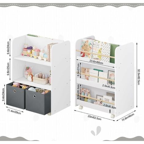 Étagère pour Enfants Mobile sur roulettes WOLTU, Bibliothèque Polyvalente avec Boîtes, Rangement sur 2 Côtés, Blanc