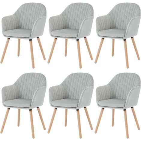 Woltu – Lot de 6 chaises de salle à manger en velours – Pieds en bois massif – Hauteur 81 cm – Couleur gris clair – Assise confortable