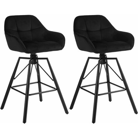 WOLTU Lot de 2 Tabourets de Bar en Velours et Cadre en Métal, Chaise Haute Bar Siège Rembourré Pivotant à 360°, avec Dossier et Repose-Pieds, Tabouret Haut, Noir