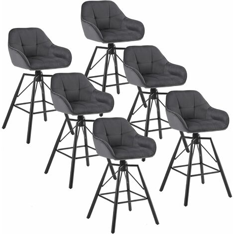 WOLTU Lot de 6 Tabourets de Bar en Velours et Cadre en Métal, Chaise Haute Bar Siège Rembourré Pivotant à 360°, avec Dossier et Repose-Pieds, Tabouret Haut, Gris Foncé
