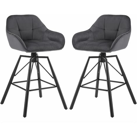 Woltu – Lot de 2 tabourets de bar en velours – Cadre métal – Siège rembourré pivotant 360° – Dossier et repose-pieds – Hauteur 72 cm – Gris foncé