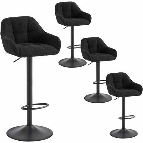 WOLTU Lot de 4 Tabourets de Bar Chenille+Velours Côtelé, Tabouret Bar Réglable en Hauteur avec Dossier, Repose-Pieds,  Noir