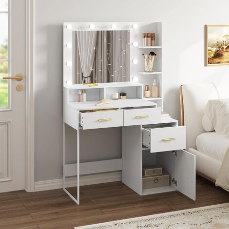 Coiffeuse D'Angle L Avec Miroir LED - 5 Tiroirs, Étagère, Tabouret - Blanc - Bureau De Vanité Moderne 120x80x135 Cm