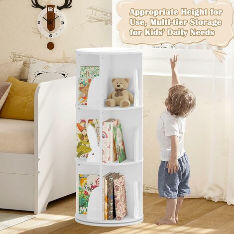 Woltu – Bibliothèque enfant 4 niveaux pivotante 360° – Étagère de rangement blanche en MDF E1 – Dimensions 40x97 cm – Sécurisée avec panneaux latéraux