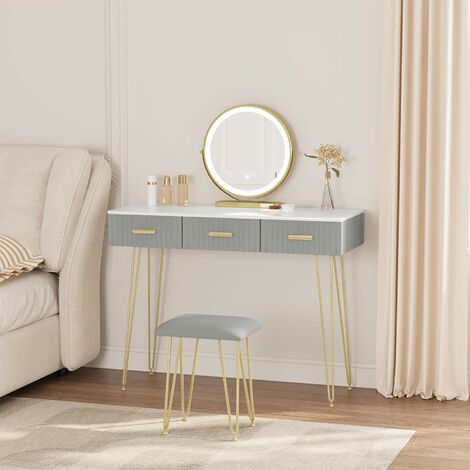 Coiffeuse avec Miroir LED, Luminosité Réglable, Table de Maquillage, 3 Tiroirs en Bois Massif, 1
