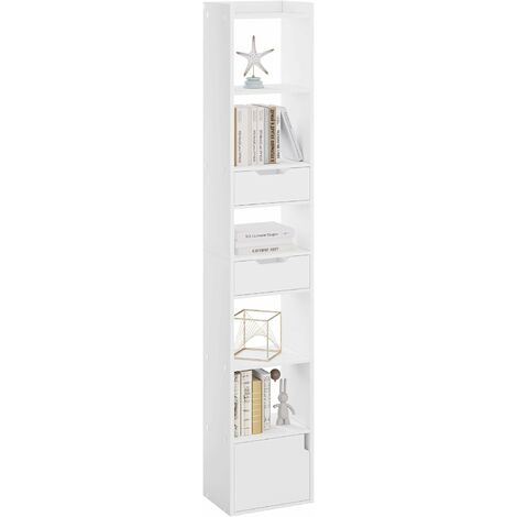 Woltu – Bibliothèque étagère en bois composite 33x24x181 cm – 6 compartiments ouverts – 2 tiroirs – Blanc – Pour rangement salon, chambre, bureau