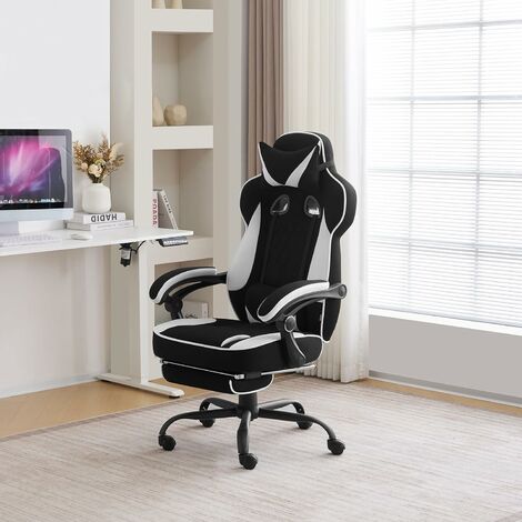 WOLTU Chaise Gaming en Tissu Maillé, Fauteuil Ergonomique Réglable en Hauteur, Chaise d'Ordinateur Pivotante à 360°, Chaise de Bureau, Noir+Blanc (1/5)