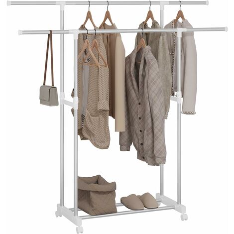 Woltu – Porte-vêtements extensible en métal – Double tringle réglable – Dimensions (75,5–151,5) x (94–171) x 42 cm – 4 roulettes dont 2 verrouillables