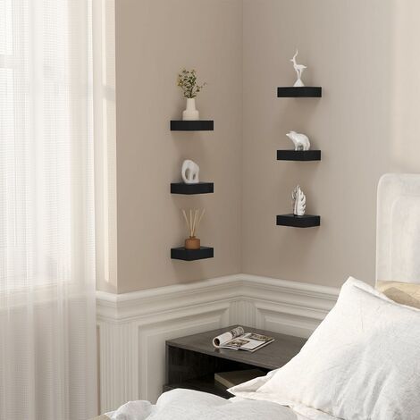 WOLTU Lot de 6 Étagères Murales en Bois MDF, 10, 5x7, 8x3cm, Étagères Flottantes, Tablettes à Suspendre, Meuble Décoratif pour Salon, Couloir, Chambre d'enfants, Noir
