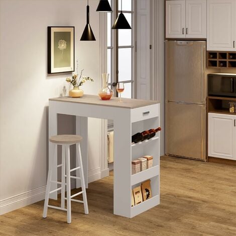Table de Bar WOLTU 100x50x100cm, Table Haute Cuisine en Bois d'Ingénierie, Table Haute, Table à Manger, Blanc+Chêne Clair