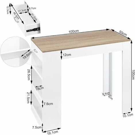 Table de Bar WOLTU 100x50x100cm, Table Haute Cuisine en Bois d'Ingénierie, Table Haute, Table à Manger, Blanc+Chêne Clair