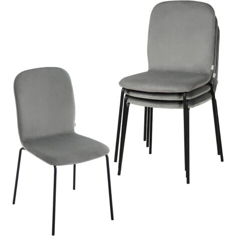 Woltu – Lot de 4 chaises empilables en velours et métal – Dossier ergonomique – Patins antidérapants – Pour salle à manger et cuisine – Gris foncé (1/5)
