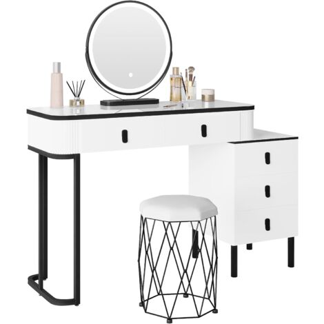 Coiffeuse avec Miroir LED Réglable et Tabouret en Velour WOLTU, 100x40x125cm, Table de Maquillage, Assemblage Flexible, Blanc+Noir