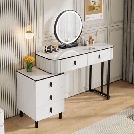 Coiffeuse avec Miroir LED WOLTU, 100x40x125cm, Table de Maquillage avec 2 Tiroirs 1 Commode, Luminosité Réglable, Assemblage Flexible, Blanc+Noir