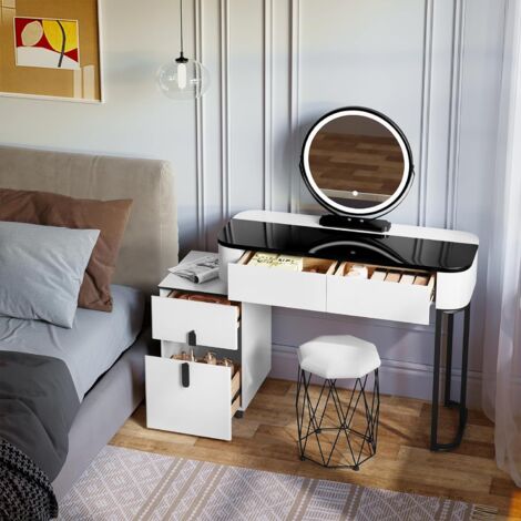 Coiffeuse Blanche Avec Miroir LED Luminosité Réglable - 7 Tiroirs, Multiprise USB Et Tabouret Inclus