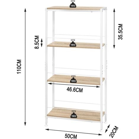 WOLTU Étagère Rangement, Étagère Étroite à 4 Niveaux, Étagère Cuisine, en MDF avec Cadre Métallique, ‎50 x 20 x 110 cm, Chêne Clair+Blanc
