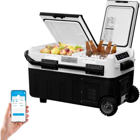 Glacière électrique Portable Huslog 33L Avec Roulettes - Refroidissement Et Chauffage (jusqu'à -15°C/+65°C) - Alimentation 12V/220-240V - Mode ECO