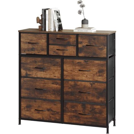 Woltu – Commode enfant 10 tiroirs en tissu – Cadre en métal – Plateau en bois d'ingénierie hydrofuge – Marron rustique et noir