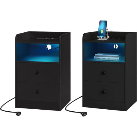 WOLTU Lot de 2 Table de Chevet avec Prises Électriques, Ports USB et Lumière LED, Table d'Appoint, Table Basse Étroite, Table de Canapé en Panneaux E1, Noir