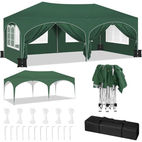 Woltu – Tonnelle de jardin pliante 3x6m – 6 parois latérales avec fenêtres – Hauteur réglable 250-258cm – Imperméable et UV – Sac de transport inclus