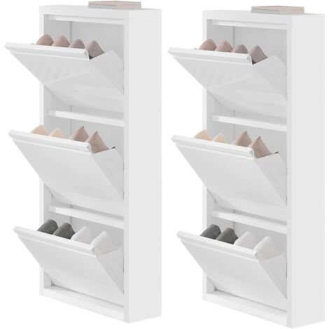 Woltu – Lot de 2 armoires à chaussures en métal blanc – 3 étagères – 3 portes abattantes – Rangement 50 x 15 x 106 cm – Capacité 25 kg