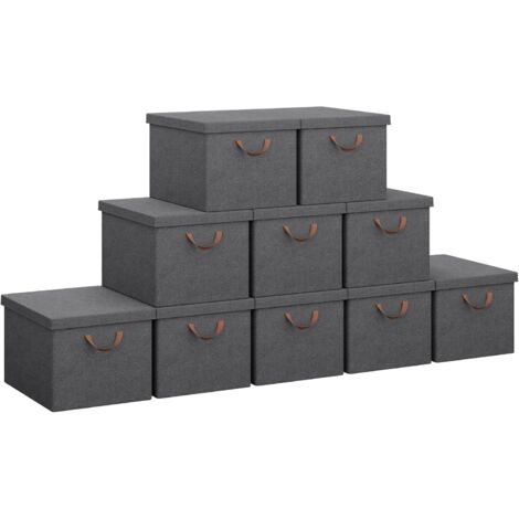 WOLTU Lot de 10 Boîtes Rangement en Tissu, 48x36x30cm, Boîte de Rangement avec Couvercle, Panier Rangement, Design Pliable,Coffre de Rangement, Gris