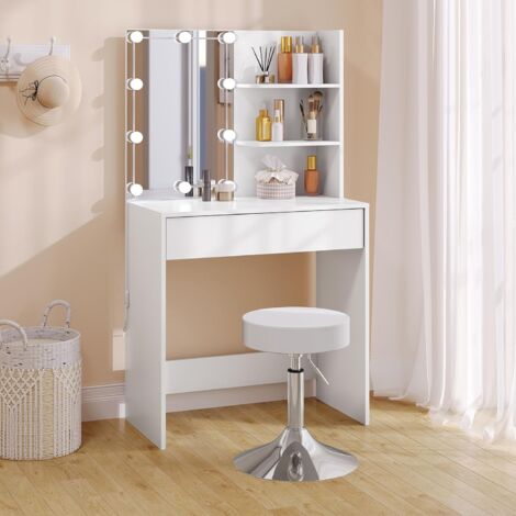 Coiffeuse Avec Miroir éclairé Et 5 Tiroirs - Lumière LED Réglable - Tabouret Inclus - Blanc