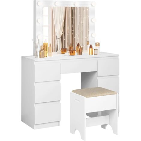 Woltu – Coiffeuse blanche avec miroir LED – 7 tiroirs de rangement – Luminosité réglable – Dimensions 110x39,5x140,5cm – Tabouret inclus