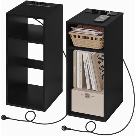 Lot de 2 Table de Chevet avec Station de Charge WOLTU, Table d’appoint avec Prise, 2 Compartiments Ouverts, 2 Ports USB+2 Prises, Table de Nuit, Bout de Canapé, 25x30x60cm, Noir