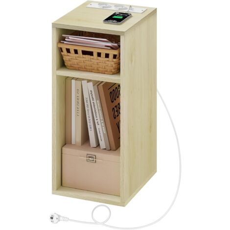 Woltu – Table de chevet avec station de charge – 2 ports USB et 2 prises – 2 étagères ouvertes – Dimensions 25x30x60cm – Grain bois clair