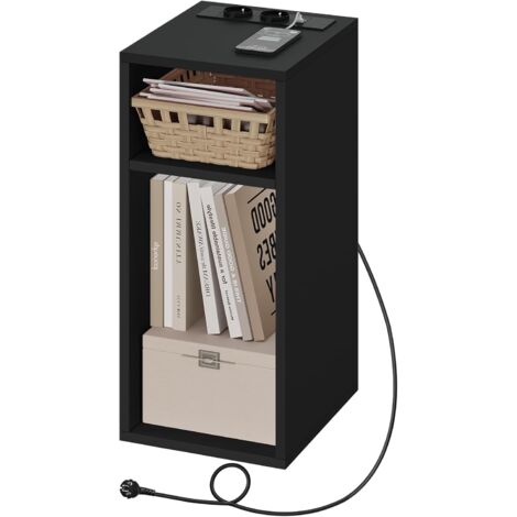 Woltu – Table de chevet noir avec station de charge – 2 ports USB et 2 prises – 2 compartiments ouverts – Dimensions 25x30x60cm