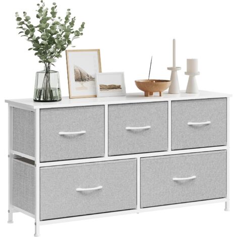 Woltu – Commode enfant 5 tiroirs en tissu – Meuble de rangement léger 100x30x54cm – Capacité 40kg – Gris tourterelle + blanc nuage