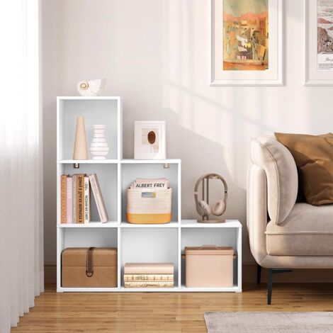 Bibliothèque avec 6 Cubes WOLTU, 90x30x90cm, Étagère d'Escalier, Meuble de Rangement à Cubes, Étagère en Bois d'Ingénierie, Blanc (1/5)