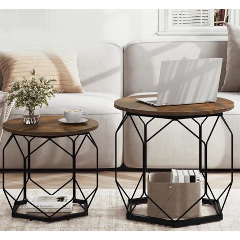 Lot de 2 Tables Basses Gigognes WOLTU, Table de Salon, Table d'Appoint , Table de Café Rond，Plateau en Bois Composite, Cadre Noir en Métal，Effet de Bois brûlé