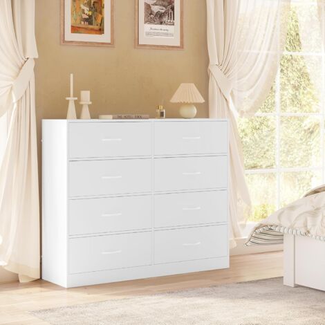 Commode à Tiroirs WOLTU, Armoire avec 8 Tiroirs en Tissu, Commode de Rangement 108x30x89 cm, Meuble de Rangement en Bois Composite et en Métal, Blanc