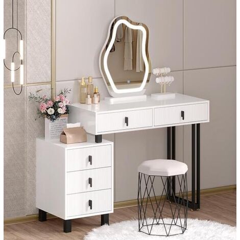 Coiffeuse WOLTU - Miroir LED et Tabouret - Table de Maquillage avec Plateau Brillant - Tiroirs en Bois Massif - 1 Commode Flexible - Noir+Blanc (1/5)