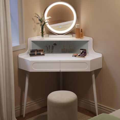 Woltu – Coiffeuse d'angle avec miroir LED réglable – 2 tiroirs – Casier avec portes en verre – Panneau MDF blanc – Pieds en métal – Dimensions 99x63x76/139cm