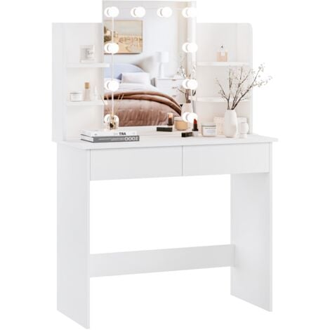 Coiffeuse avec Miroir LED à Luminosité Réglable WOLTU, Table de Maquillage avec 2 Tiroirs et 4 Étagères de Rangement en Bois, 40 x 90 x 135 cm, Blanc
