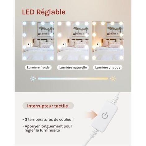 Coiffeuse avec Miroir LED à Luminosité Réglable WOLTU, Table de Maquillage avec 2 Tiroirs et 4 Étagères de Rangement en Bois, 40 x 90 x 135 cm, Blanc