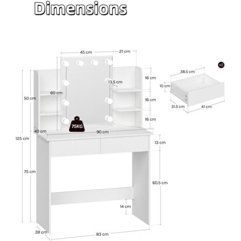 Coiffeuse avec Miroir LED à Luminosité Réglable WOLTU, Table de Maquillage avec 2 Tiroirs et 4 Étagères de Rangement en Bois, 40 x 90 x 135 cm, Blanc