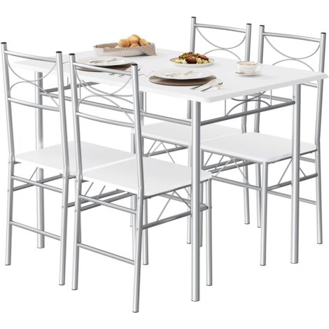 Woltu – Ensemble table et 4 chaises en MDF et métal – Table de cuisine 110x70x76cm – Marron blanc et argenté – Capacité 50kg