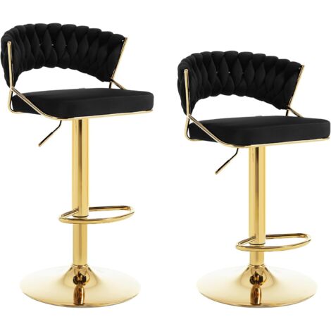 Lot de 2 Tabourets de Bar en Velours et Métal WOLTU, Tabouret Pivotant avec Dossier Tissé et Repose-Pieds, Hauteur Réglable, Noir
