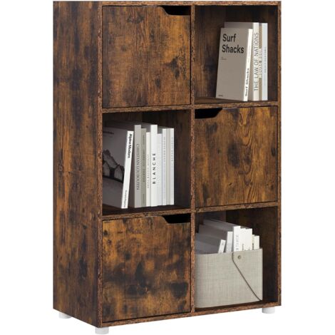 Woltu – Bibliothèque étagère de rangement en MDF – 3 portes, 6 compartiments – Dimensions 59,6x29x91cm – Marron rustique, hydrofuge et facile à nettoyer