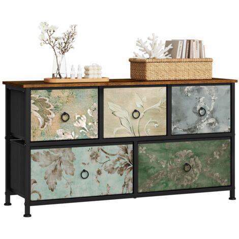 Commode à 4 Tiroirs en Tissu WOLTU, Meuble TV, Meuble Rangement Cadre en Métal, 100x30x54cm, Marron Rustique+Noir+Motif de Fleur Vintage (1/5)