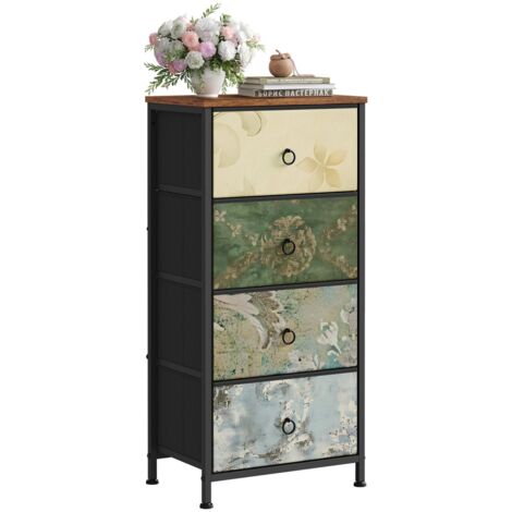 Commode à 4 Tiroirs en Tissu WOLTU, Meuble Rangement Cadre en Métal, 45x30x95cm, Marron Rustique+Noir+Motif de Fleur Vintage