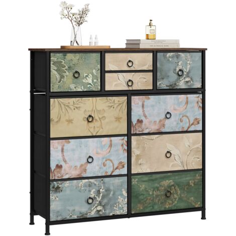 Commode à 10 Tiroirs en Tissu WOLTU, Meuble Rangement Cadre en Métal, 100x30x100cm, Marron Rustique+Noir+Motif de Fleur Vintage