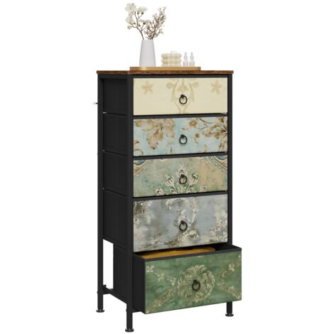 Commode à 5 Tiroirs en Tissu WOLTU, Meuble Rangement Cadre en Métal, 45.5x30x95.5cm, Marron Rustique+Noir+Motif de Fleur Vintage