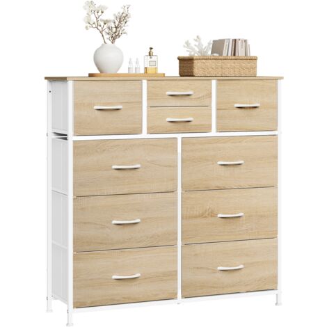 Commode à 10 Tiroirs en Tissu WOLTU, Meuble Rangement, Cadre en Métal, 100x30x100cm, Chêne Clair + Blanc