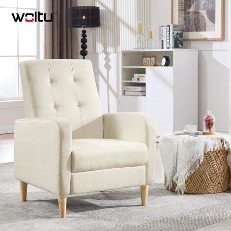 Woltu – Fauteuil relax en lin beige – Dossier haut et accoudoirs – Pieds en bois massif – Rembourrage mousse épaisse pour confort durable