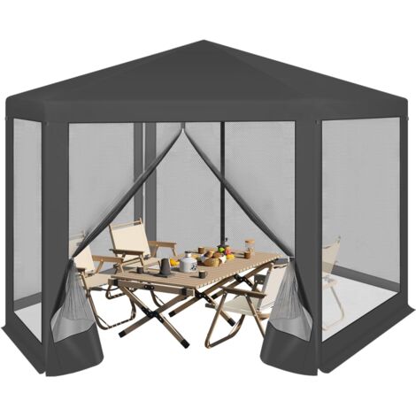 Woltu – Tonnelle de jardin hexagonale 3,8 x 3,3 m – Tissu Oxford 210D enduit argenté – Parois latérales en maille – Protection UV et moustiques